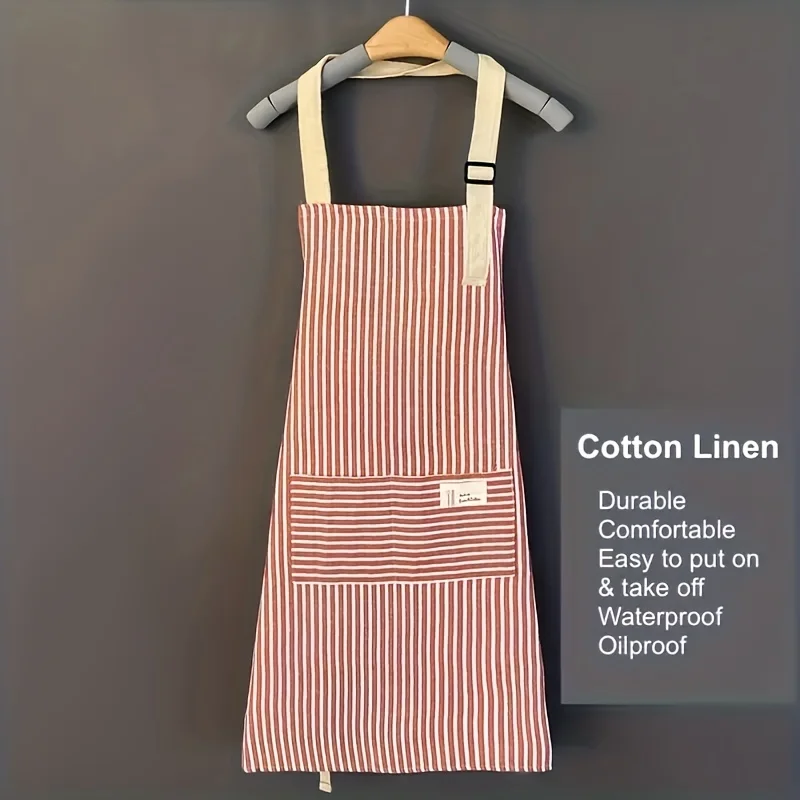 Linen Waterproof Apron Red Green Striped  Kitchen Household Adult Apron, Breathable Fashion  Kitchen Supplies