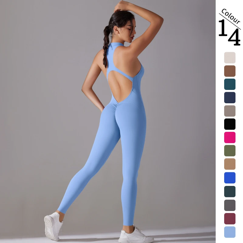 

Solid color high-intensity tight-fitting nude sports beauty back long one-piece yoga suit running fitness one-piece suit quick-d