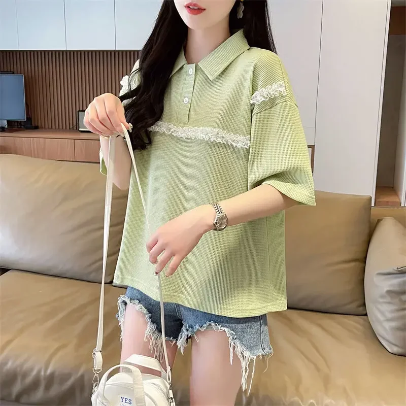 التلبيب زر تي شيرت الصيف الزي قصيرة الأكمام المرأة القمصان عالية الجودة ملابس كاجوال موضة عادي فضفاض كوع تي أنثى