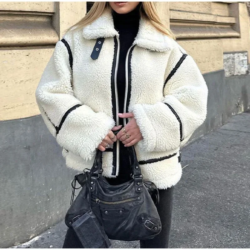 Куртка из овечьей шерсти2024, модная женская осенне-зимняя теплая мотоциклетная куртка на молнии с трансграничным стилем