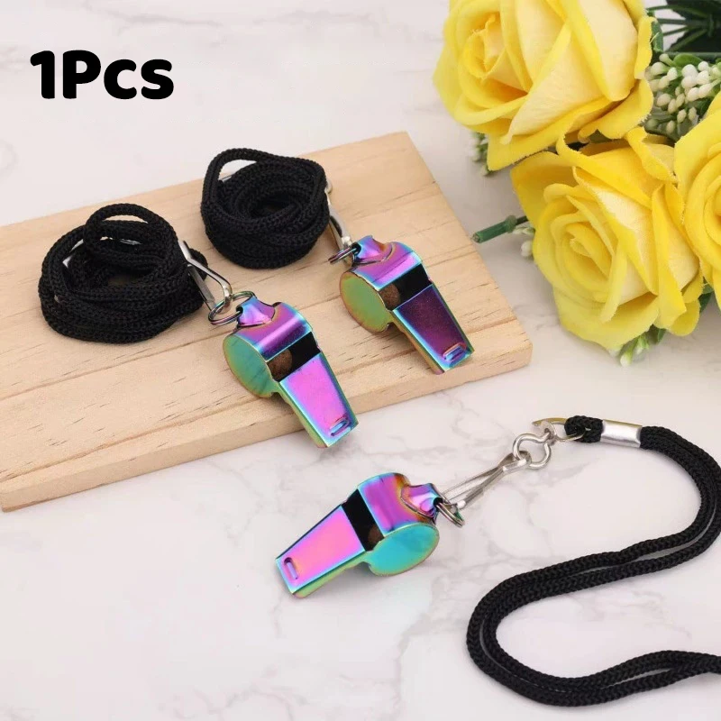 

{DODOA} Stainless Steel Colorful Sports Whistle With Lanyard Loud Crisp Sound Whistle For Referee Official Outdoor EDC Tools