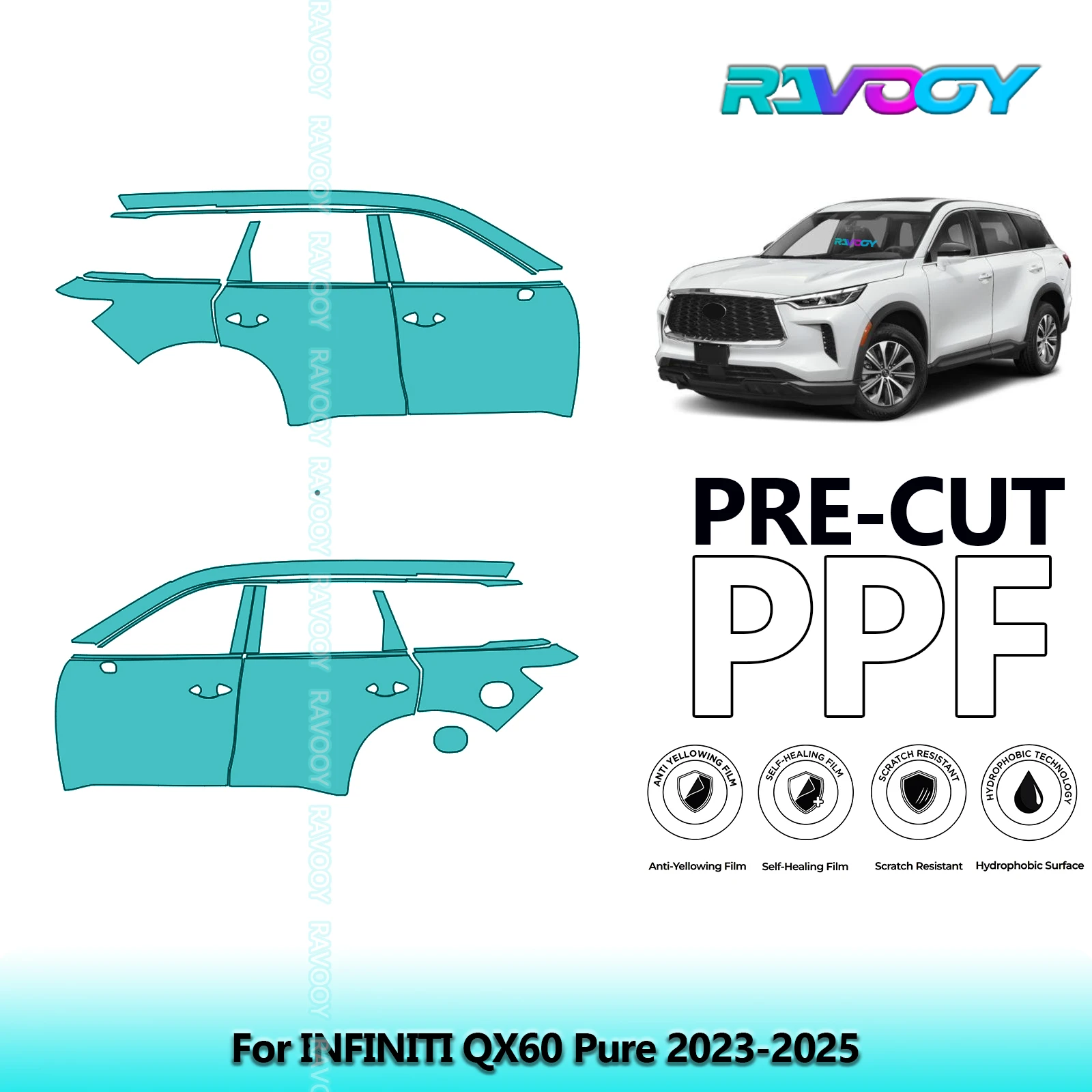

For INFINITI QX60 Pure 2023-2025 8.5mil Clear Matte Pre-Cut PPF Door & A/B Pillar Kit TPU Paint Protection Film Set