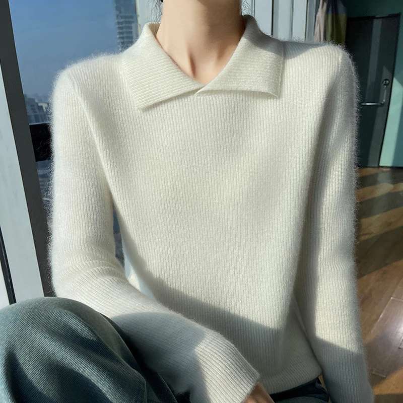 

Women's winter sweater 100% merino wool thick warm half Polo neck pullover solid color vertical pit cashmere sweater casual top