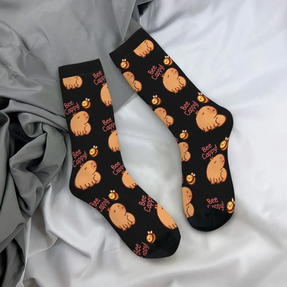 Funny Bee And Capybara Basketball Socks Bee Cappy Polyester Crew Socks for Women Men Sweat Absorbing