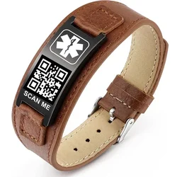 Stainless Steel Adjustable Leather Medical Alarm Bracelets Free Carving QR Code Customization Emergency ID Information Bangles