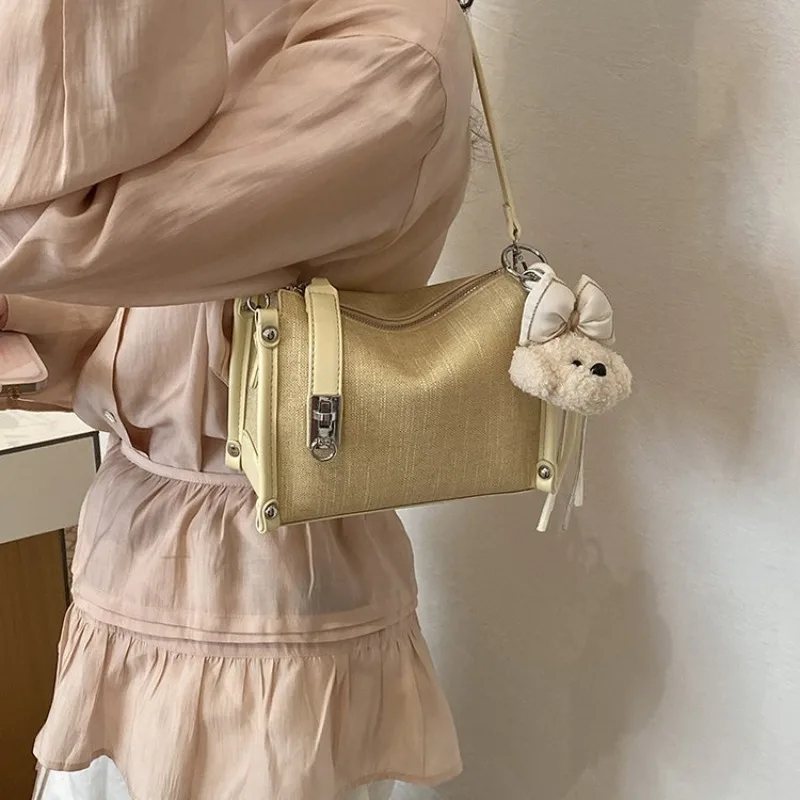 

Women's Multi-color Canvas Box Crossbody Bag with Bear Charm, for Daily Office, Streetwear, Weekend Travel & Errands Hand Bags