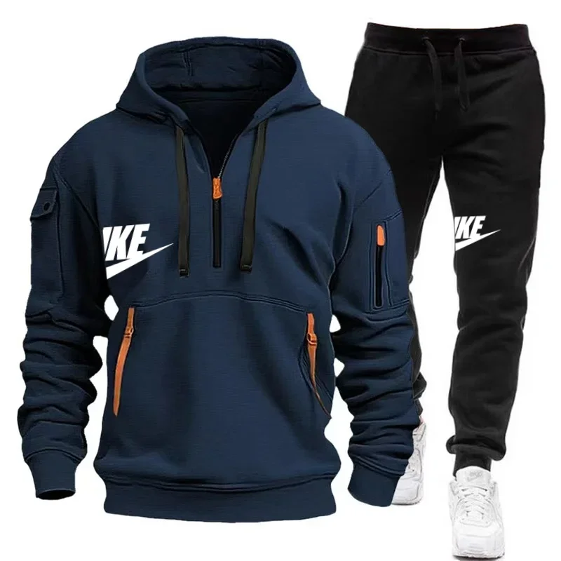 New men\'s multi-pocket zipper hoodie autumn and winter leisure jogging fitness hooded jumper + sweatpants two-piece set