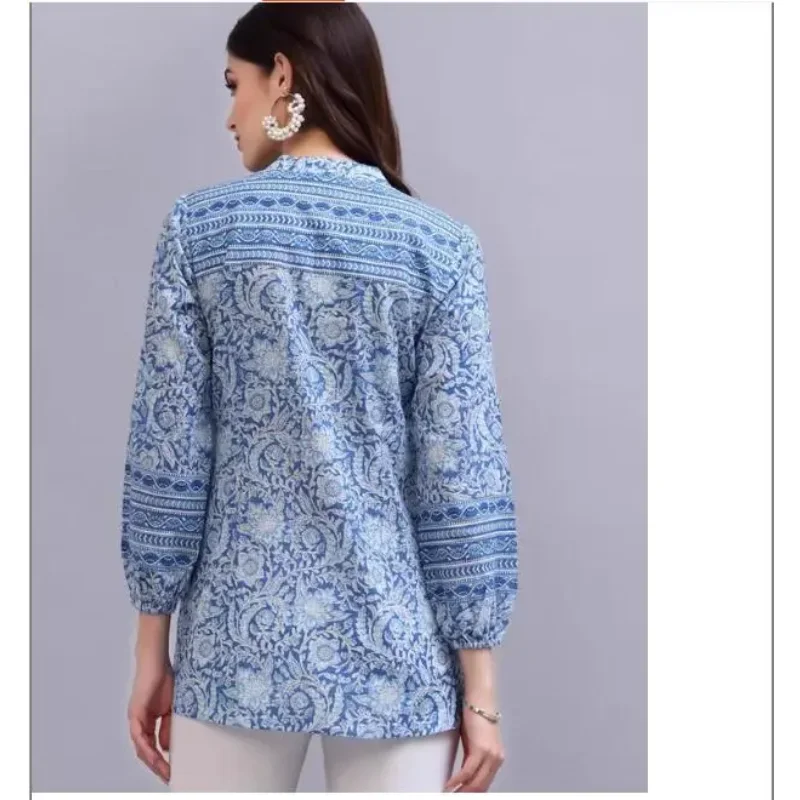 Ropa tradicional india para mujer, Top de algodón puro con cuello en V estampado de estilo étnico