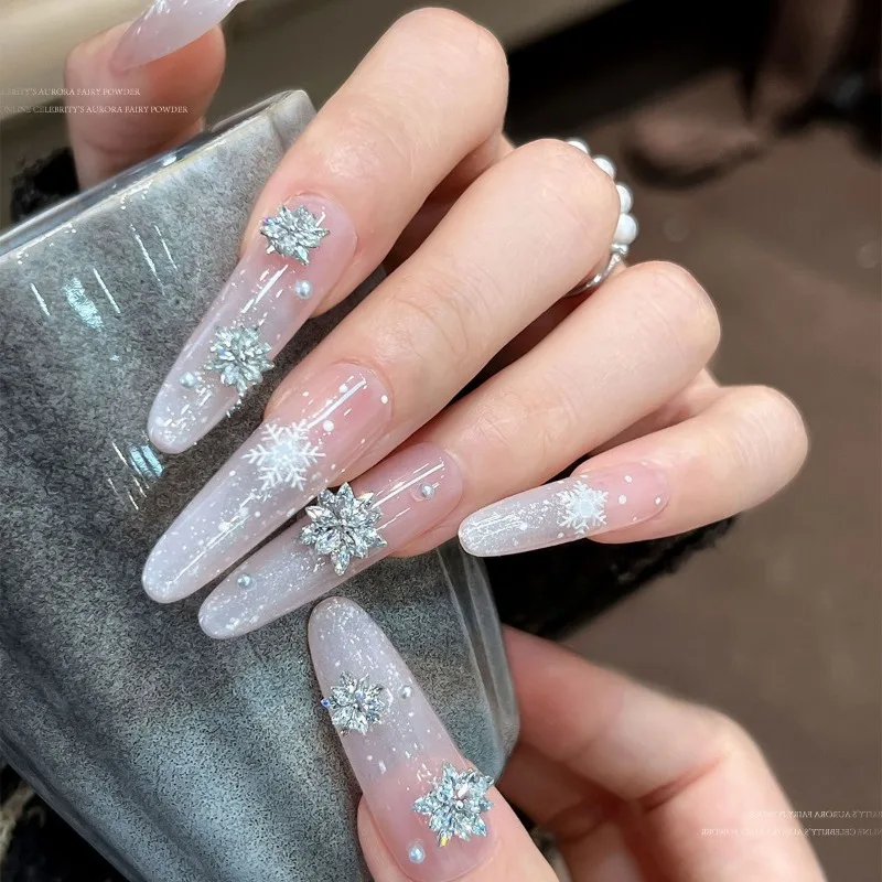 3Pcs Double Layer Snowflake Nail Rhinestones, Christmas Finished Zircon Pointback Charms Shiny DIY False Nail Art Decorations