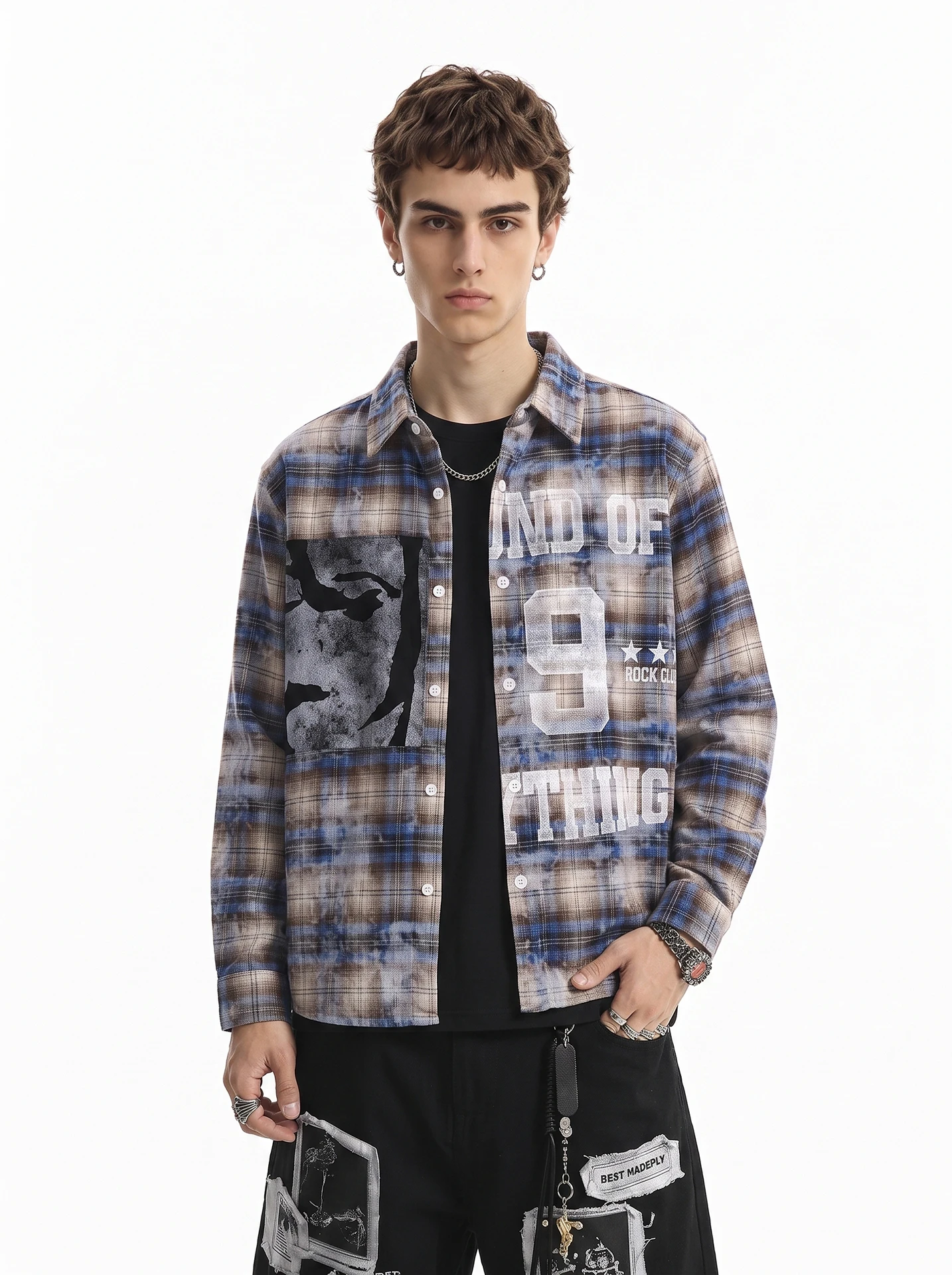 American Retro Tie Dye Plaid Long Sleeve Men's Shirt Loose Fit Casual Style Youthful Trend Autumn Wear for Young Men