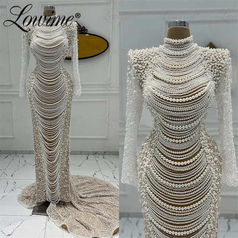 

Robe De Mariée Вечернее платье с жемчугом Роскошные арабские длинные платья для выпускного вечера в Дубае Русалка с высоким воротом и длинными рукавами Вечерние платья по индивидуальному заказу