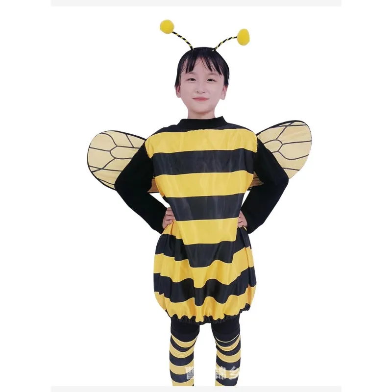 Bee Costume Kids Halloween Cosplay Set Bee Dress with Wings Heandband Leg Sleeves and Hair Hoop for Stage Show Dress Up