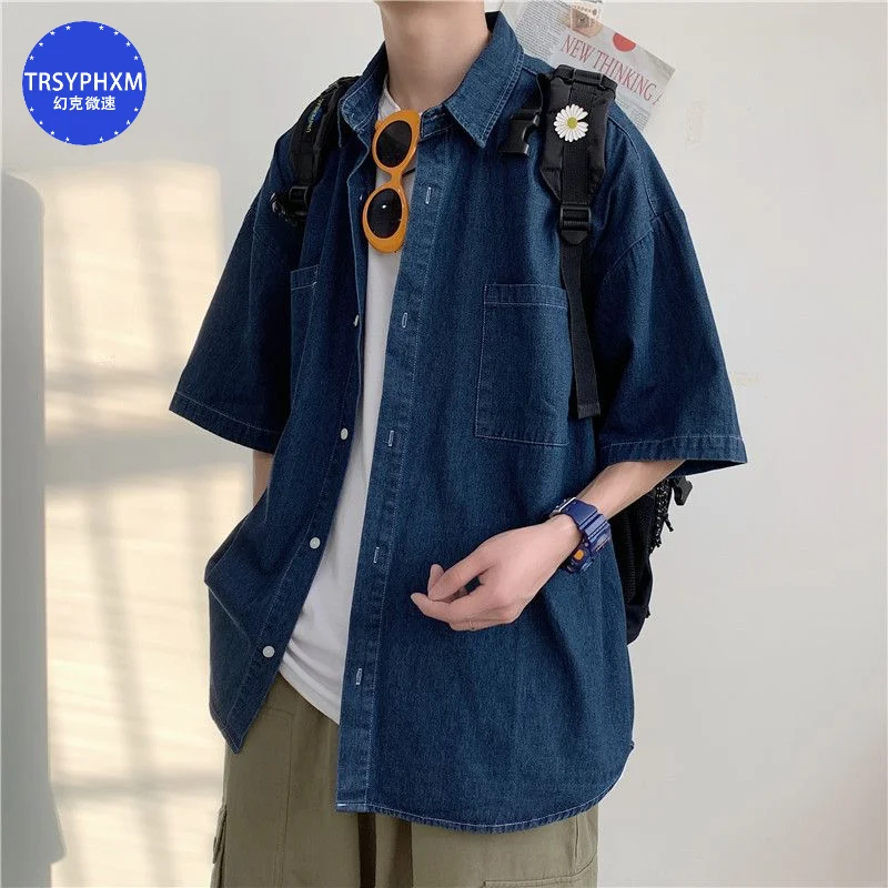 2024 summer new 5-point short sleeved denim men's shirt Korean version couple loose half sleeved sky blue shirt for men