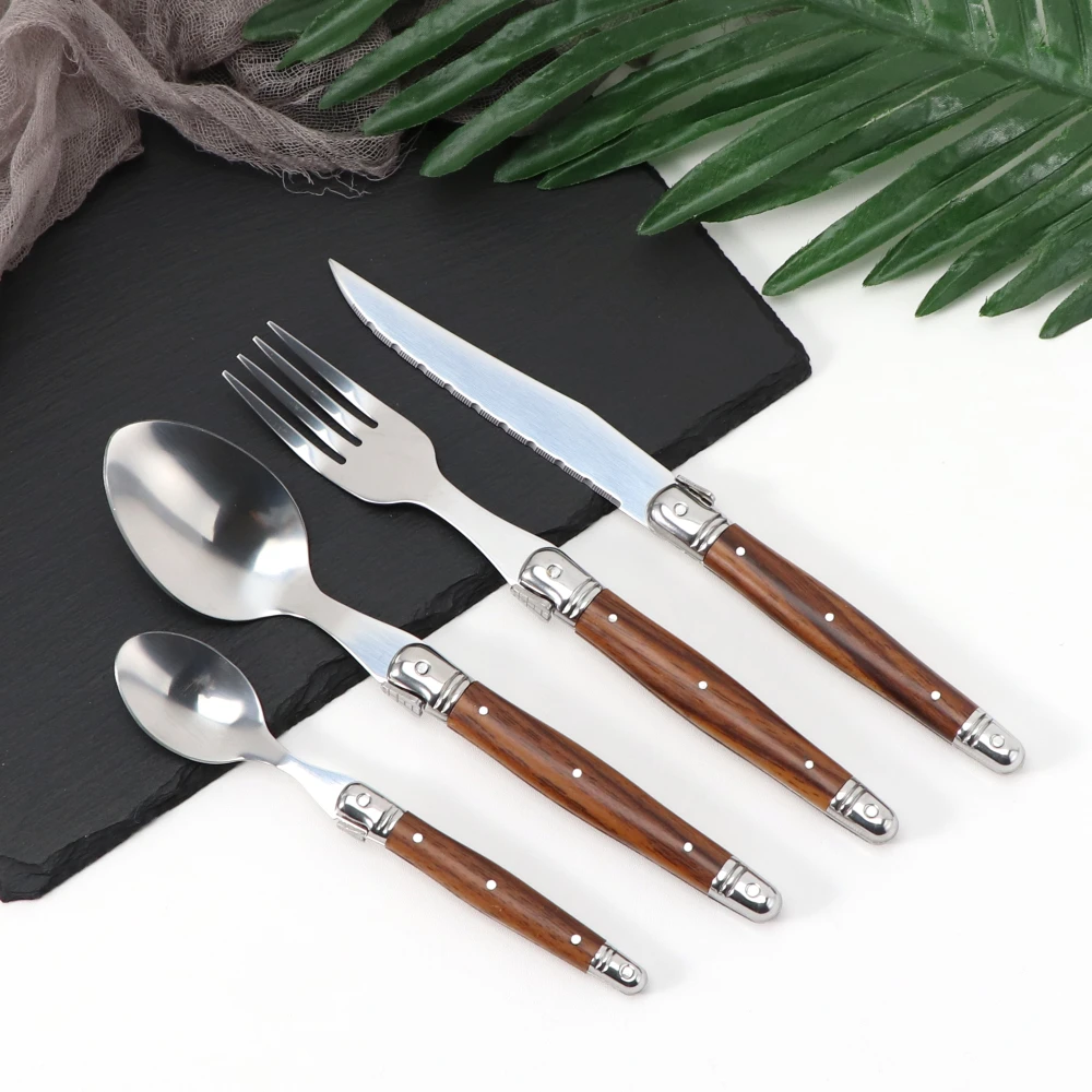 

Jaswehome 4Pcs Cutlery Set Stainless Steel Dinner Knife Fork Spoon ABS Wood Grain Handle Wooden Dinnerware Set