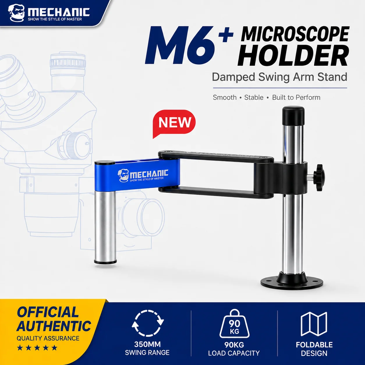 MECHANIC M6+ Microscoop Gedempte Zwenkarmstandaard 360° Draaibare Opvouwbare Beugel 90KG Draagvermogen 350mm Bereik voor Telefoon PCB Reparatie