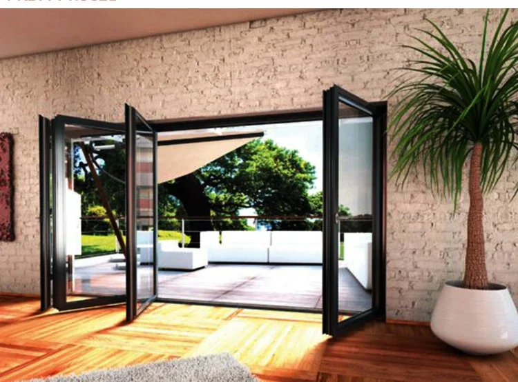 Portes pliantes en verre d'aluminium sans cadre, doubles, isolées, transparentes, noires