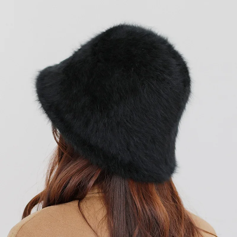 Concise Design New Winter Faux Rabbit Fur Bucket Hat For Women Girls Thickened Warm Foldable Solid Color Outdoor Furry Hat