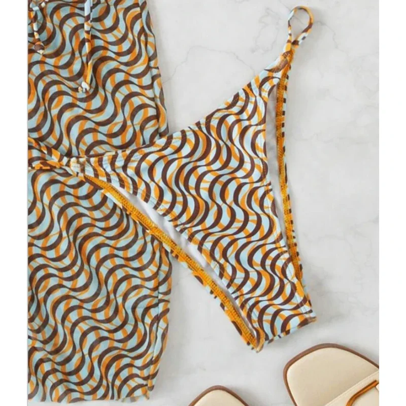Rayé Sexy Ensemble Bikini Maillots De Bain Femmes Triangle Bandage String Micro Bikini Cover-ups 2025 Nouveau Maillot de bain Vintage 3 Pièces Ensemble