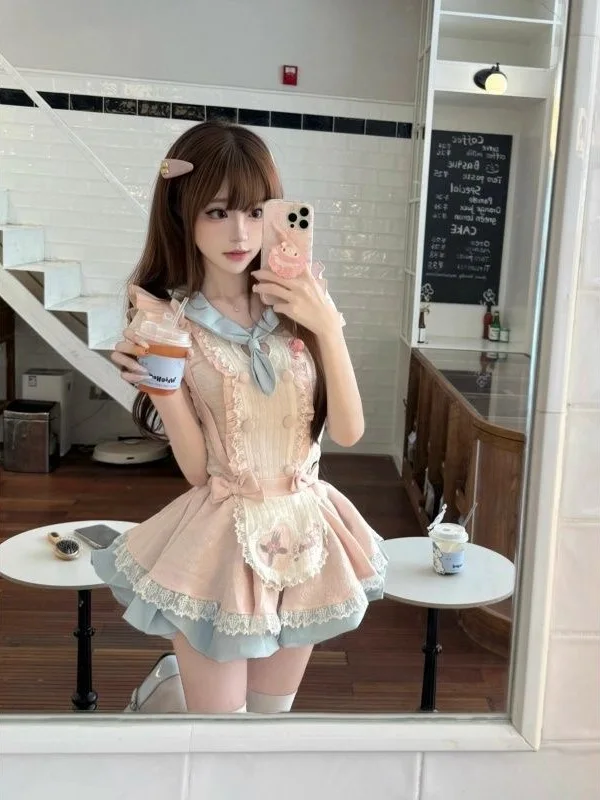 

Summer New Sweet Lovely Girl Bubble Sleeve Lace Short Sleeve Top Knot Strap Puffy Skirt Two Piece Set Women's Fashion
