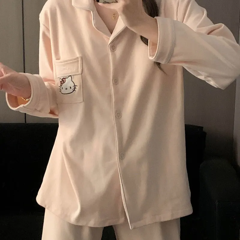 

KT Cat пижамный комплект аниме Sanrio домашняя одежда женский осенне-зимний утепленный теплый пижамный костюм розовый милый комплект домашней одежды