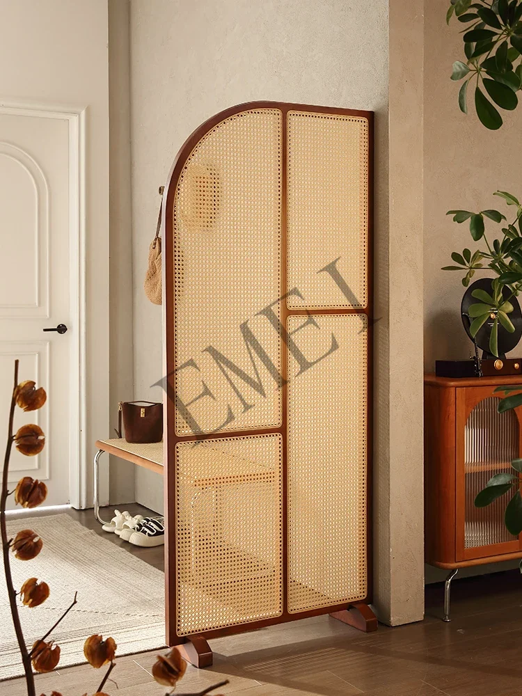 Retro Solid Wood Rattan Subareas Screens Entrance Door Living Room Bedroom Covering Japanese Movable