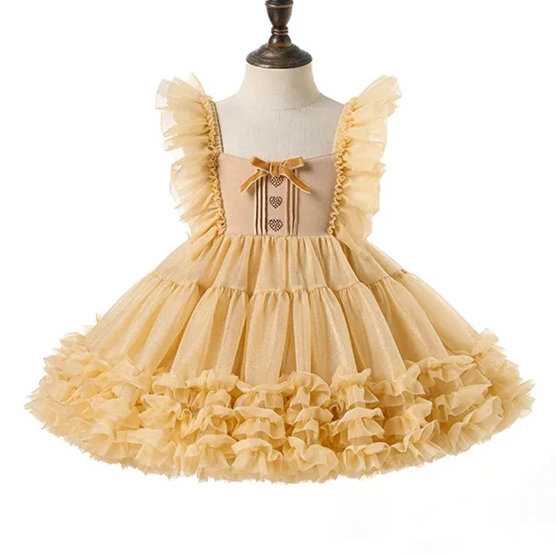 

Summer New Girl's Lace Flying Sleeves Solid Sweet and Cute Tutu Dress Birthday Party Wedding Flower Girl Fluffy Dress