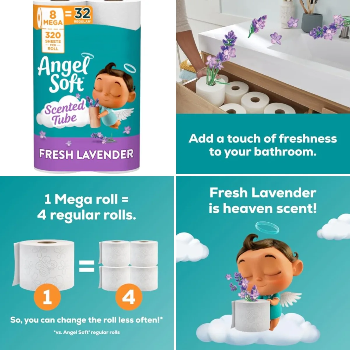Angel Soft Toilet Paper with Fresh Lavender Scented Tube, 8 Mega Rolls = 32 Regular Rolls, Soft and Strong Toilet Tissue