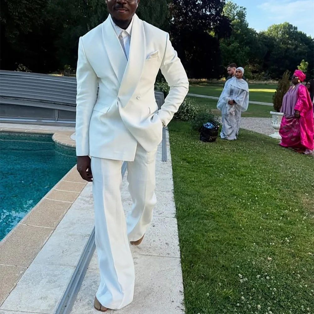 

Элегантный белый мужской костюм на свадьбу, свободный повседневный двубортный костюм с шалью и лацканами, красивый модный наряд, куртка из двух предметов, брюки