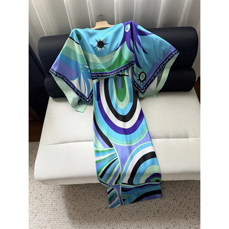 Spring Summer Fashion Elegant Vintage Print Long Dress Suit Women's O-Neck Batwing Sleeve Top+Spaghetti Strap Slim Pencil Dress