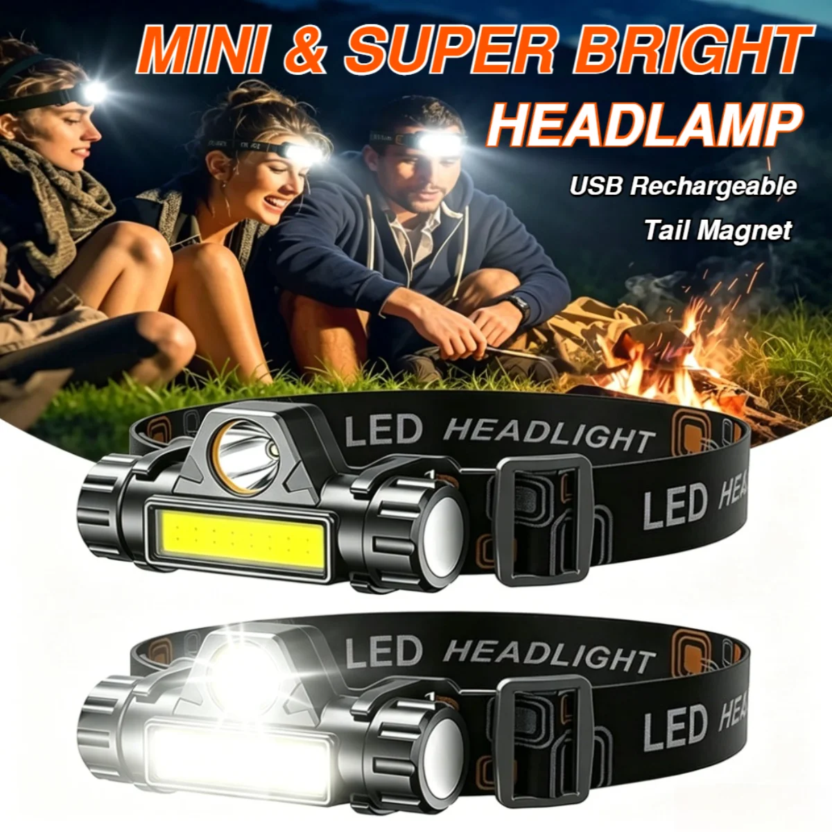 Super Bright LED Headllamp USB Rechargeable Waterproof Flashlight with XPE COB Beads and Tail Magnet Outdoor Camping Work Lamp
