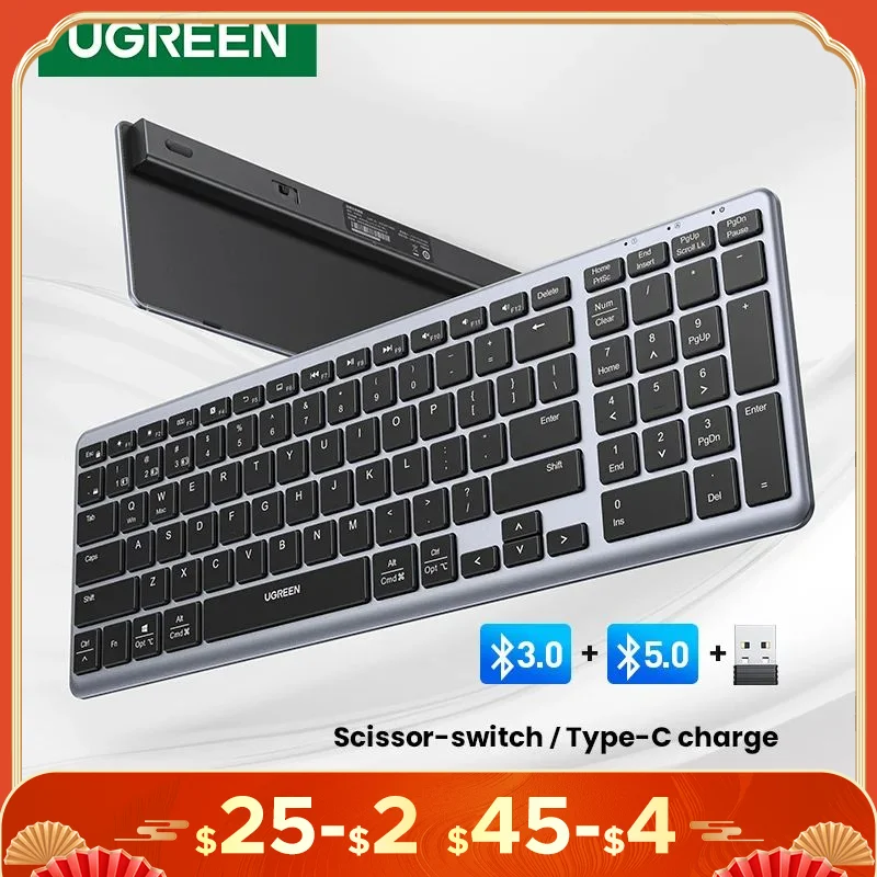 UGREEN Keyboard Wireless Bluetooth 5.0 2.4G Russian/Korean/EN 99 Keycaps For MacBook iPad PC Tablet USB C Rechargeable Keyboard