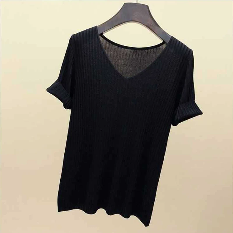 

Blouse Women Blusas Mujer De Moda Verano Short Sleeve Blouse V-Neck Knitted Blouse Shirt Tops Women Blusas DF4907