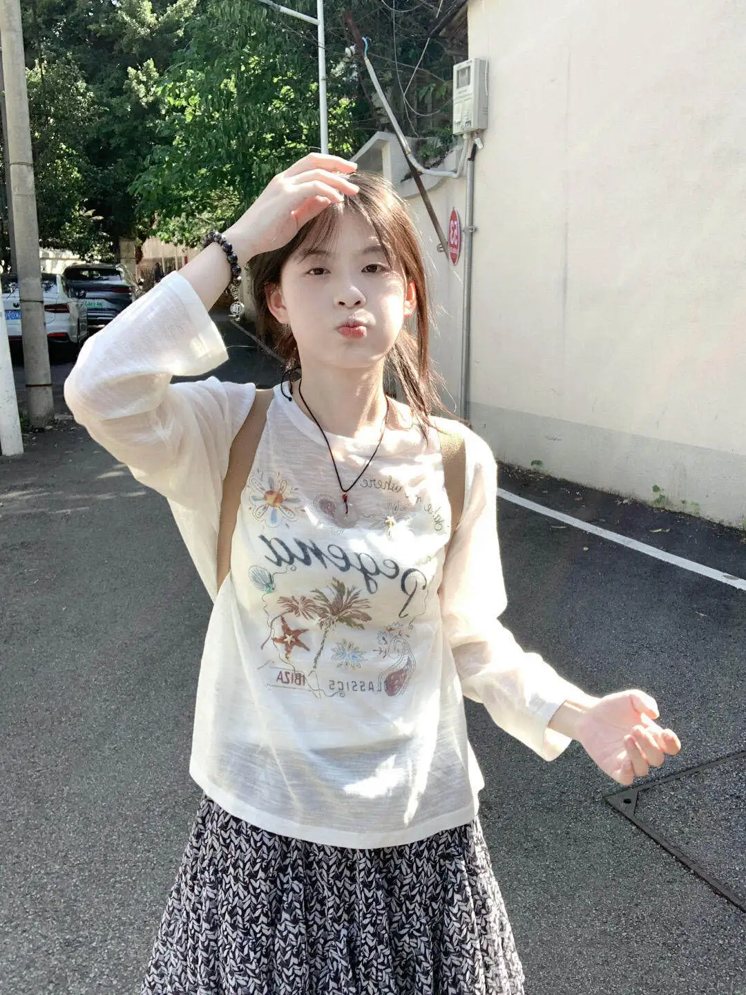 Sweet Japanese Style Long Sleeve Transparent Top Women's Summer Thin Casual Loose Feeling Printed T-shirt Commute Fashion