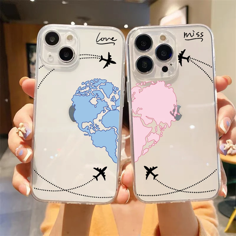 Planes World Map Travel Transparent Phone Case For iPhone 15 14 13 12 11 Pro Max XS X XR SE 7 8 Plus Love Heart Couple Cover