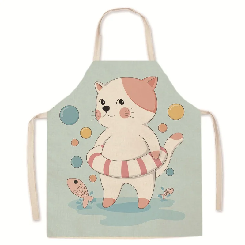 Cartoon parent-child linen apron with cat pattern kitchen anti-fouling sleeveless bib home cooking baking apron