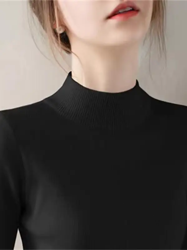 

Ele Versatile Long Sve Knitted Base irt Soft Cozy f High Collar Ins Sle Super Cute Commute Slim Fit Autumn Winter