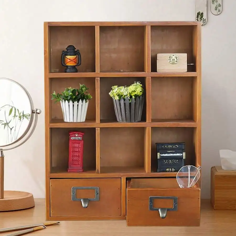 Vintage Wooden Desk Organizers Office Storage Rack 9 Cube Grids Display Shelf With 2 Drawers Desktop Storage Shelf For Home Offi