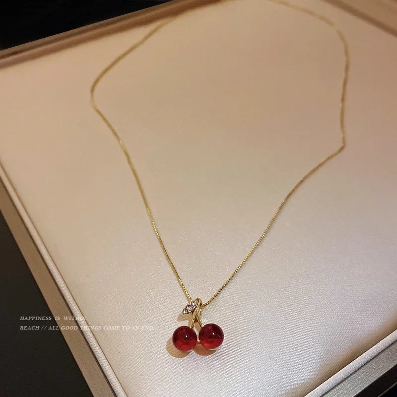 2022 New Wine Red Cherry Gold Colour Pendant Necklace For Women Personality Fashion Necklace Wedding Jewelry Birthday Gifts