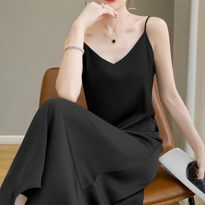 엘레 블라 실크 스트랩 드레스 여성 여름 신상 실크 네임 레이디 롱 실크 새틴 V넥 A라인 드레스 한국 스타일