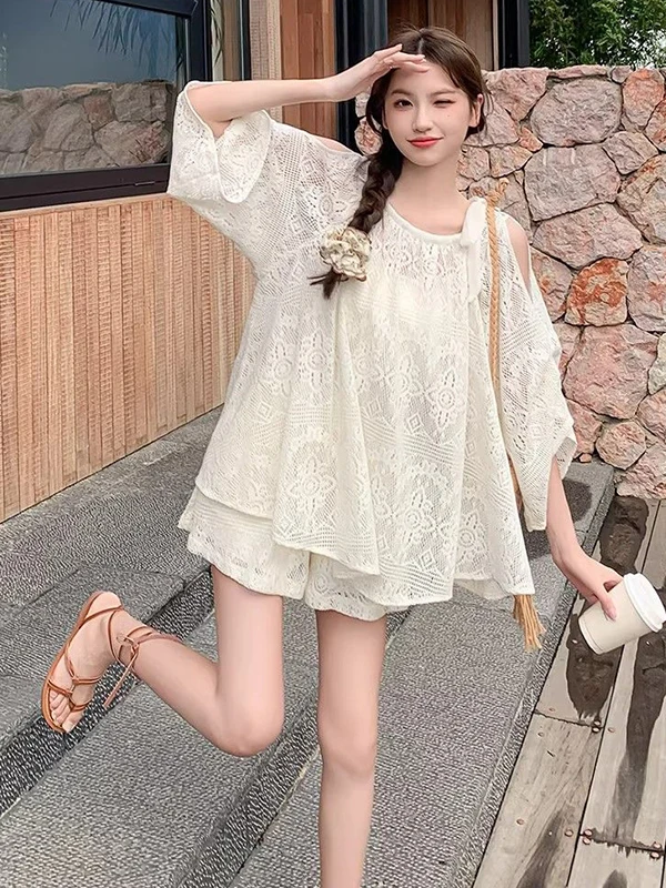 

plus Size Summer Vacation Set Sweet Style Shoulder Bared Hollow out Top Wide Leg Shorts Slimming Effect Casual Korean Style