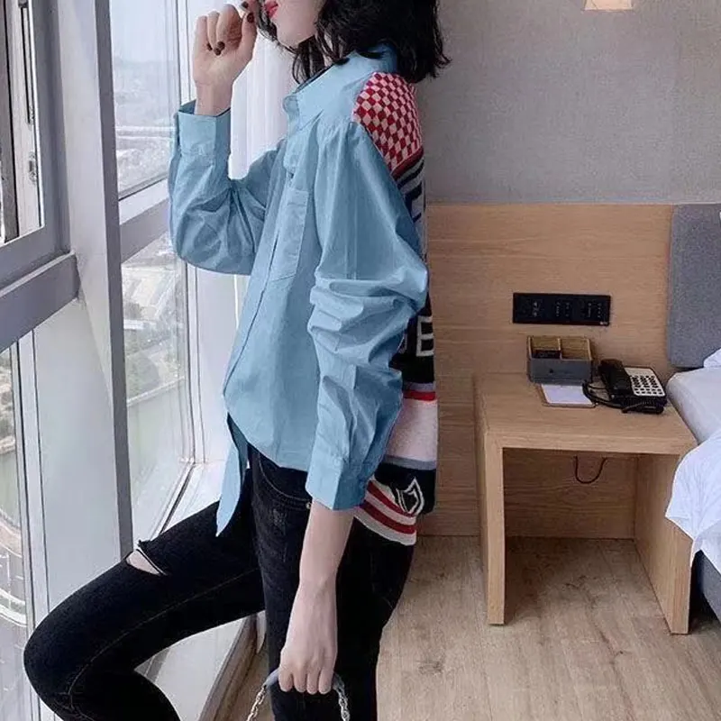 

Women's Clothing Pockets Long Sleeve Loose Shirt Fashion Letter Plaid Patchwork Blouse Commute Spring Autumn New Single-breasted