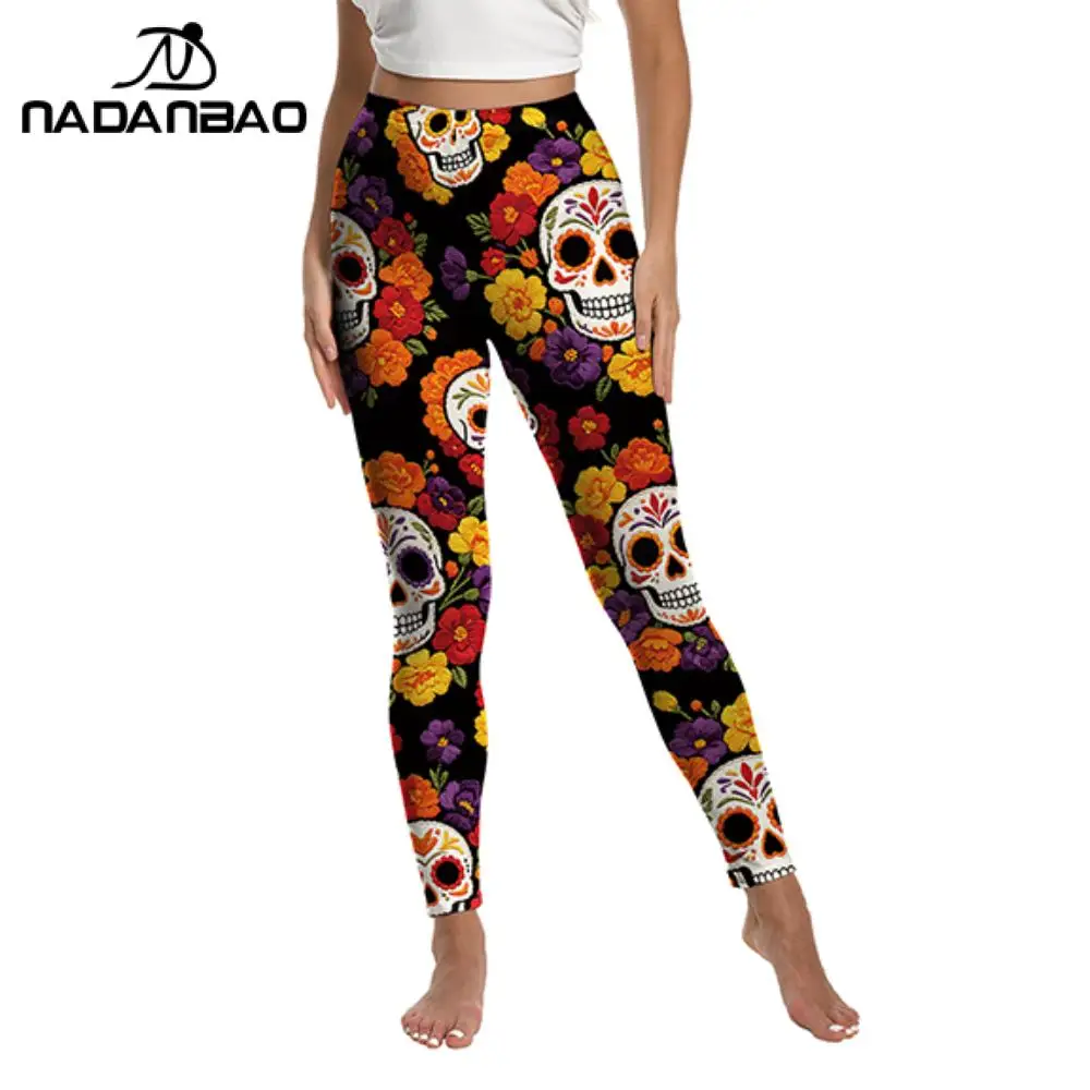 Nadanbao Women Rose Skull Print Leggings Gothic Halloween Skeleton Black Trousers Day of The Dead Party Pants Yoga Sport Bottoms