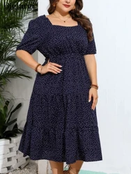 Plus Size Zomer Midi Jurk Vrouwen Polka Dot Print Mode Ruche Dames Jurken Losse Geplooide Casual Vrouw Vierkante Kraag Jurk