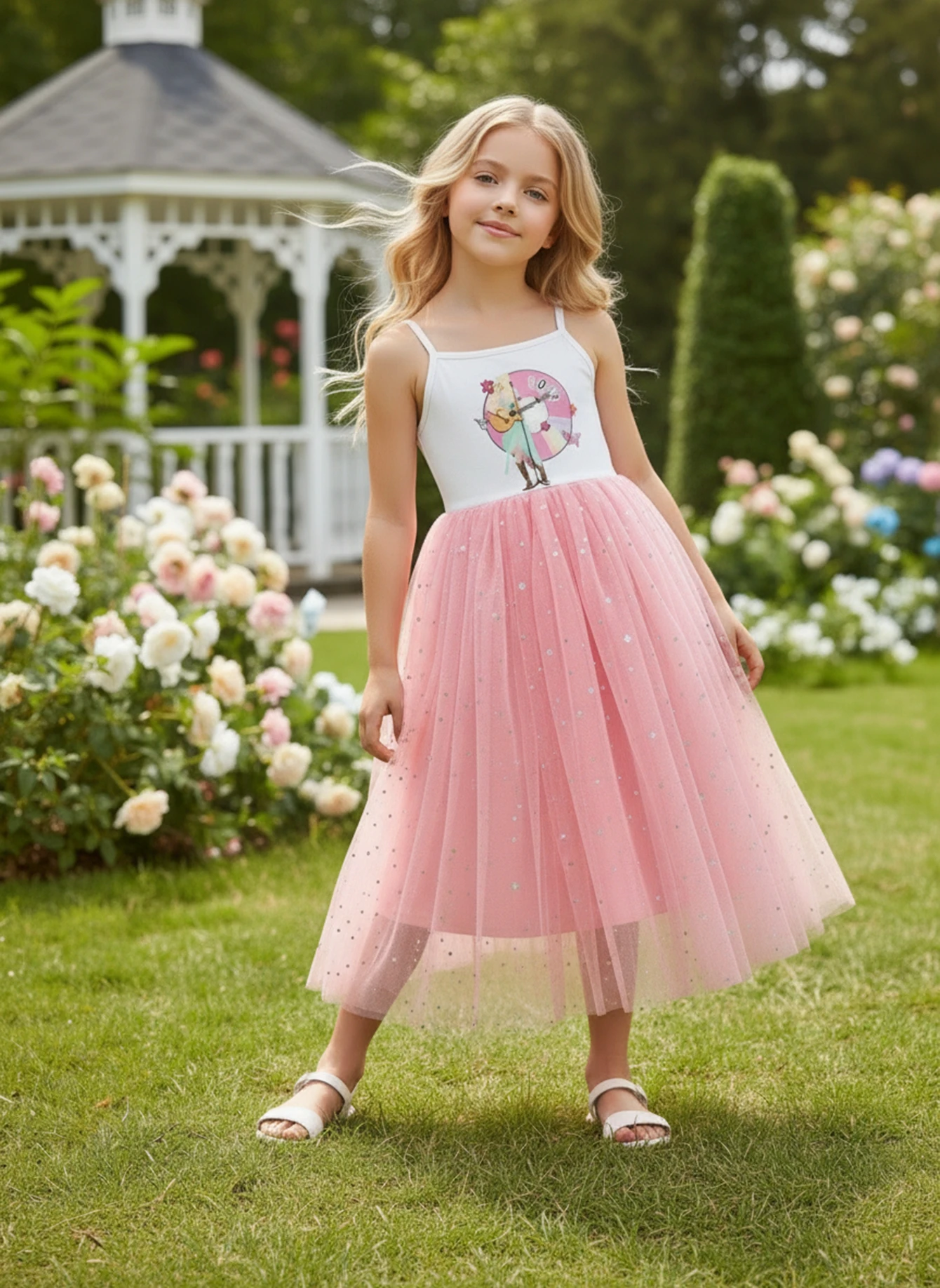 Girls Summer Dress Cartoon Graphic Tank Dress Starry Mesh Tutu Skirts Princess Party Outfits Streetwear for 5-12Y