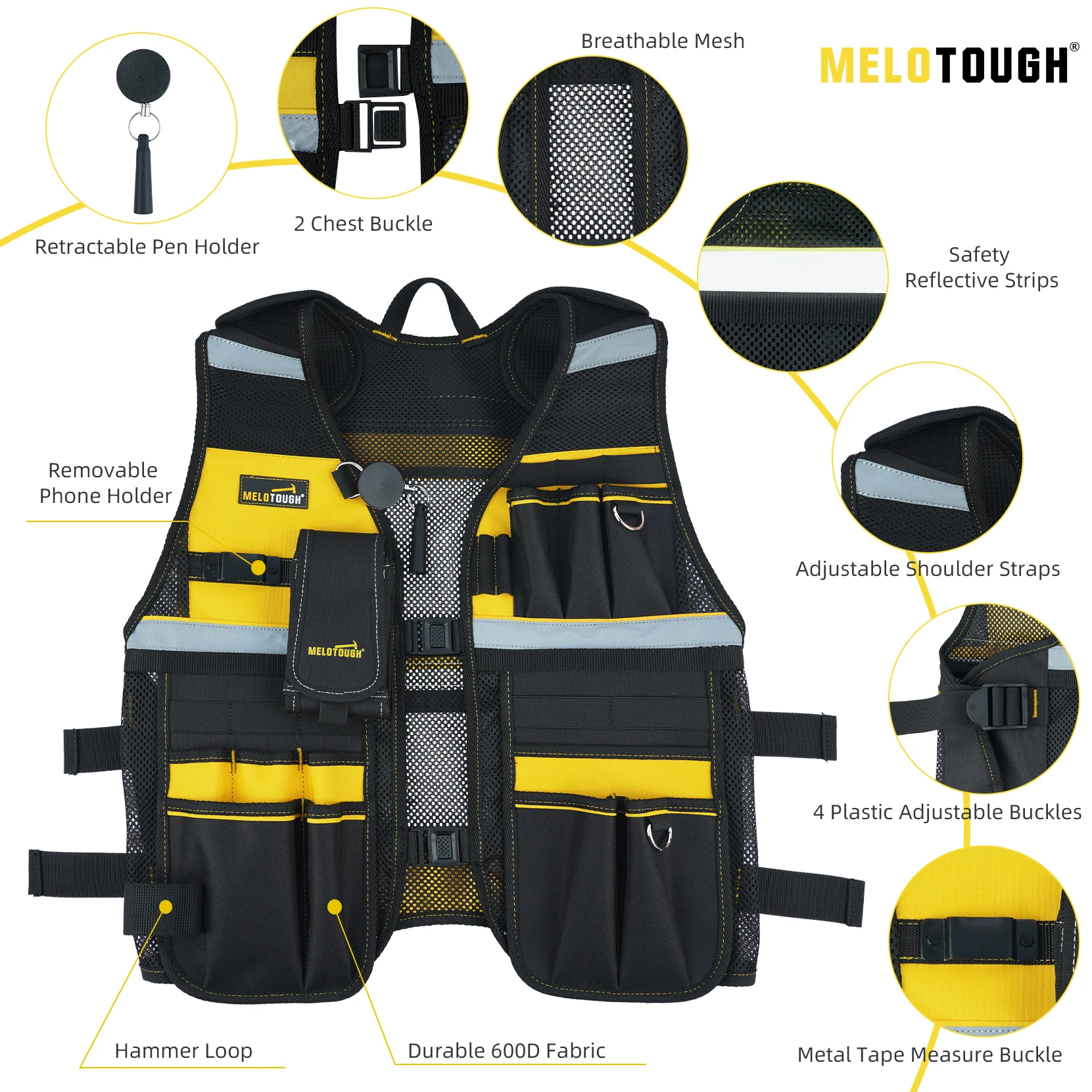 MELOTOUGH-Reflective Segurança Tool Vest com suporte do telefone removível para eletricista, carpinteiro, construção