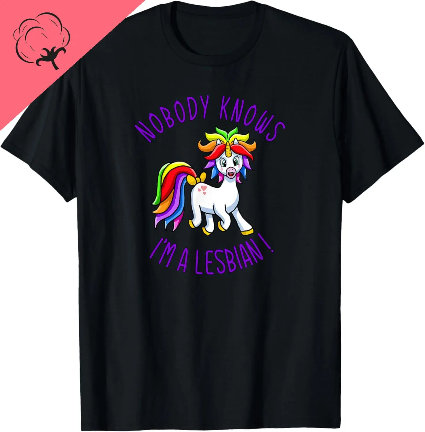 Cute Nobody Knows I'm A Lesbian with Rainbow Unicorn T-Shirt Cotton Women's T-shirts Kawayi Print on Demand Ropa Hombre