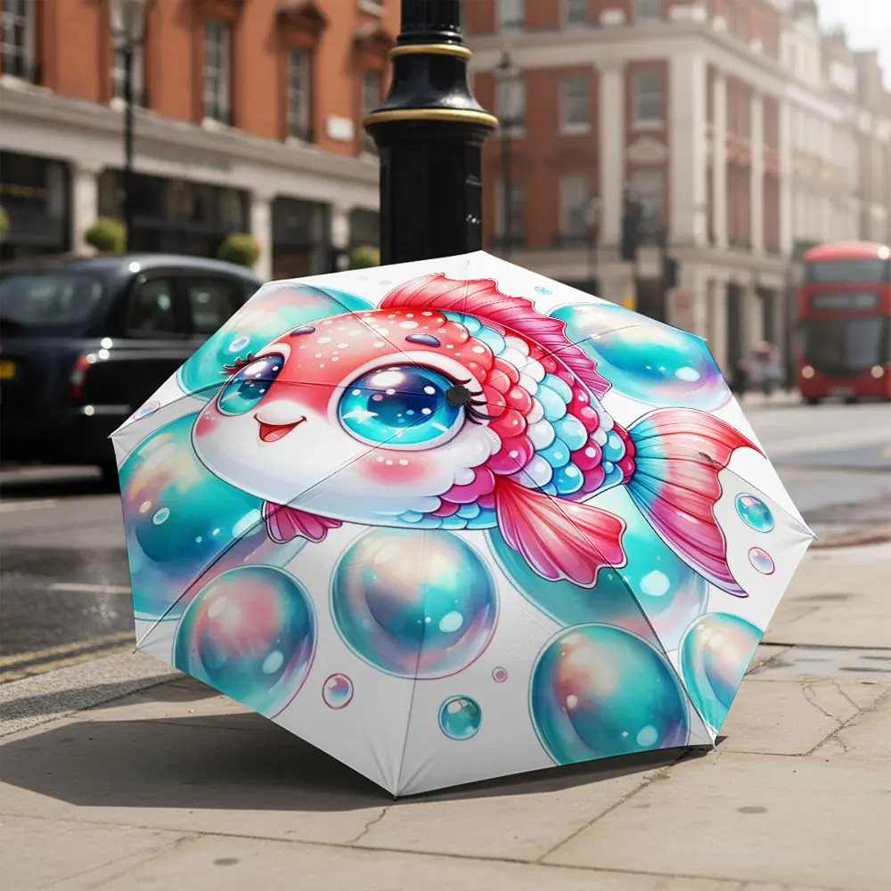 1P C Colorful Umbrella with Cartoon Fish Design Outdoors Print 8 Iron Ribs Folding Umbrella Auto-Open Fashion Sunshade