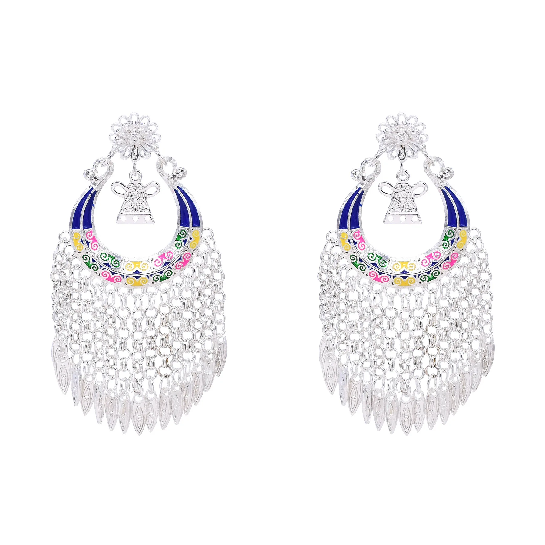 Vintage Traditional Miao Ethnic Silver Color Enamel Long Chain Tassel Earrings for Women Statement Drop Earrings Tribal Jewelry