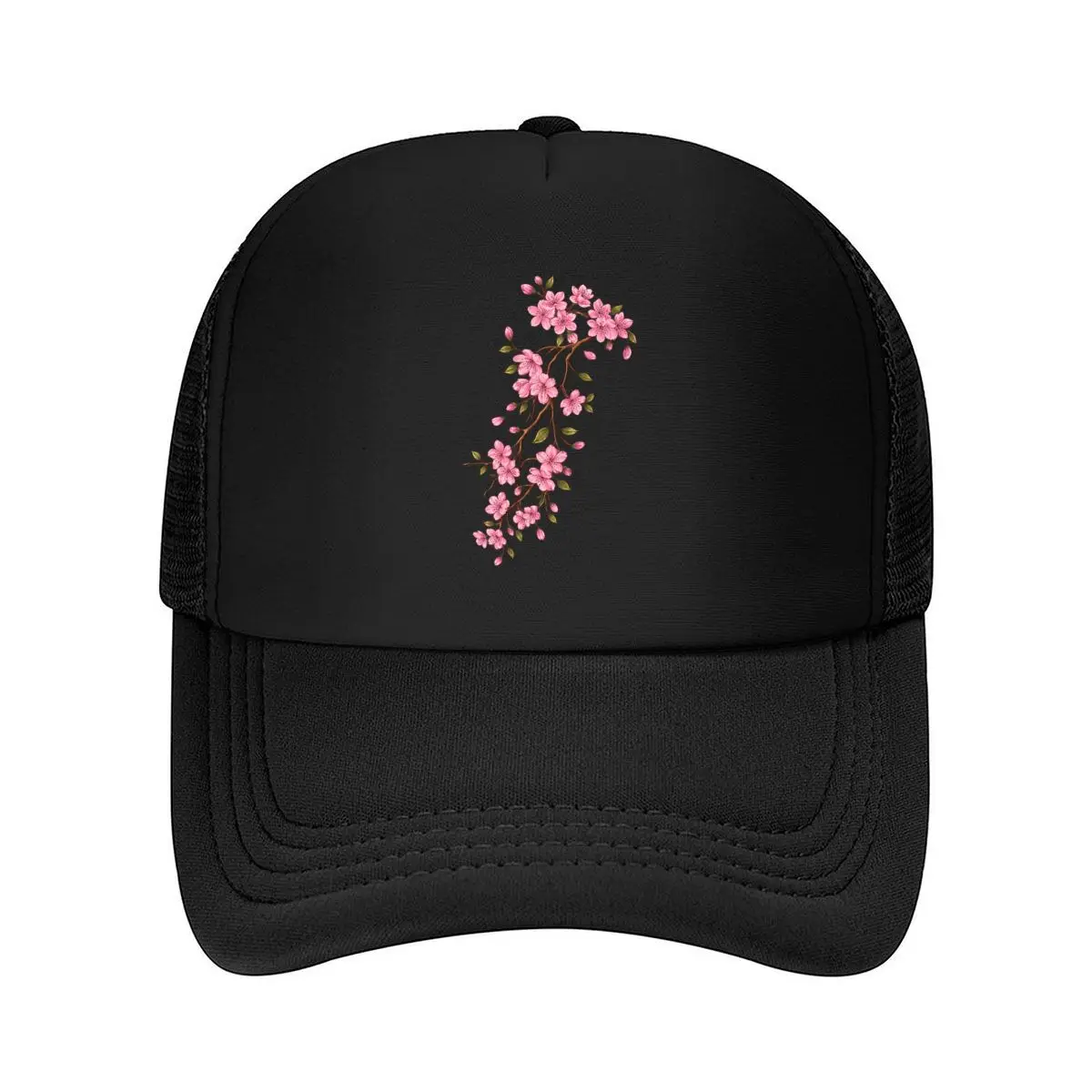 Pink Cherry Blossom Branch Watercolor Floral Design Mesh Baseball Cap Hip Hop Dad Hat For Womens Unisex Female
