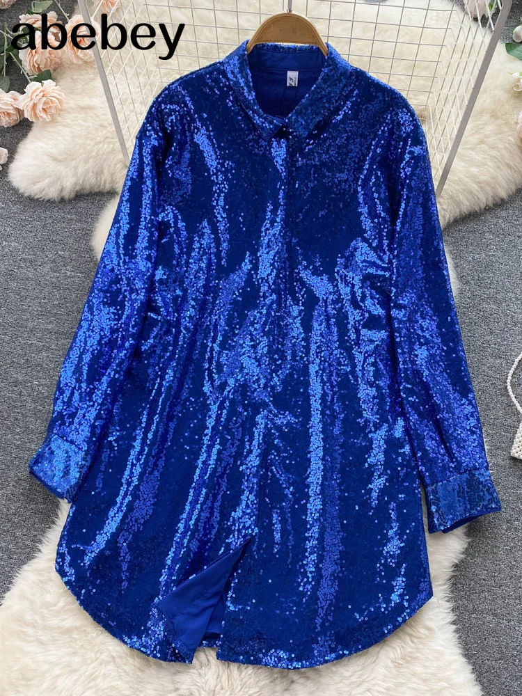 

Блузка с блестками, рубашки, топ с длинными рукавами, рубашка на пуговицах Y2K, винтажная женская одежда, блестящий топ для клубной вечеринки, женская рубашка с воротником